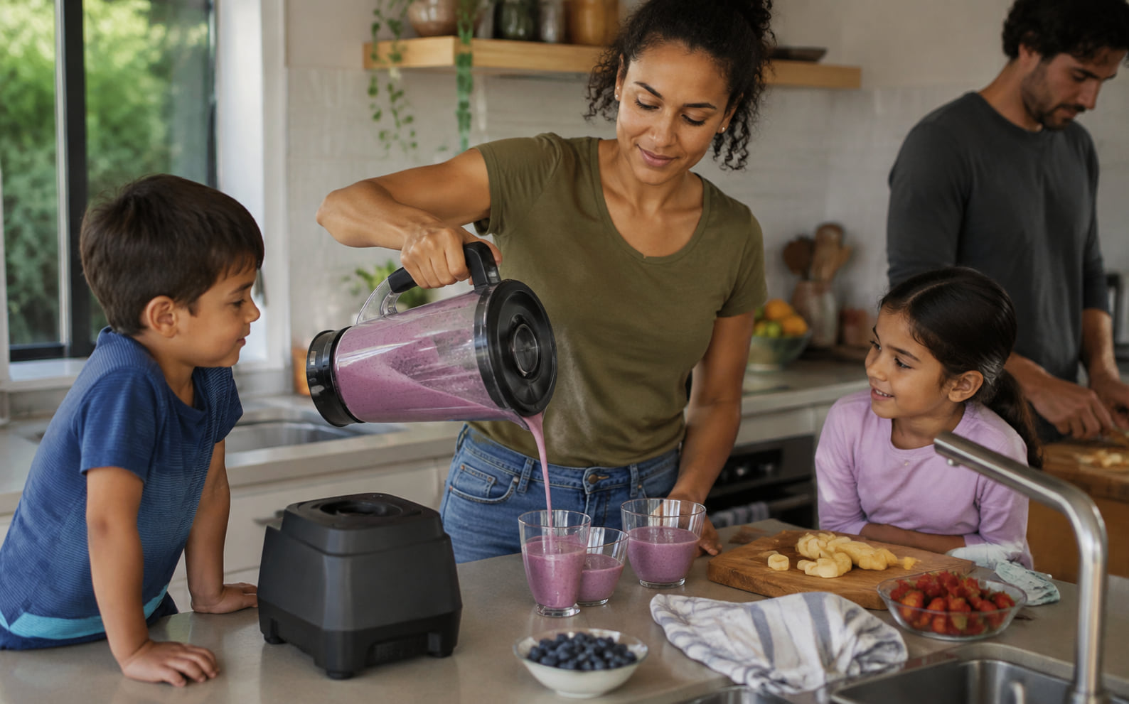 Editorial scene showing a generic full-size pitcher blender supporting several servings with transfer and cleanup visible.