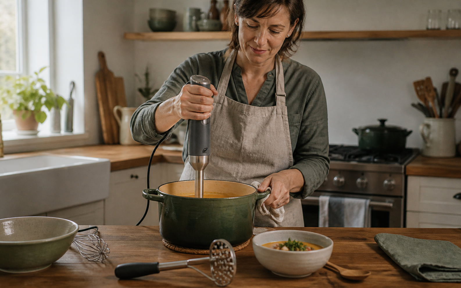 Editorial scene showing an existing immersion blender or simple kitchen method completing a real task without a new countertop machine.