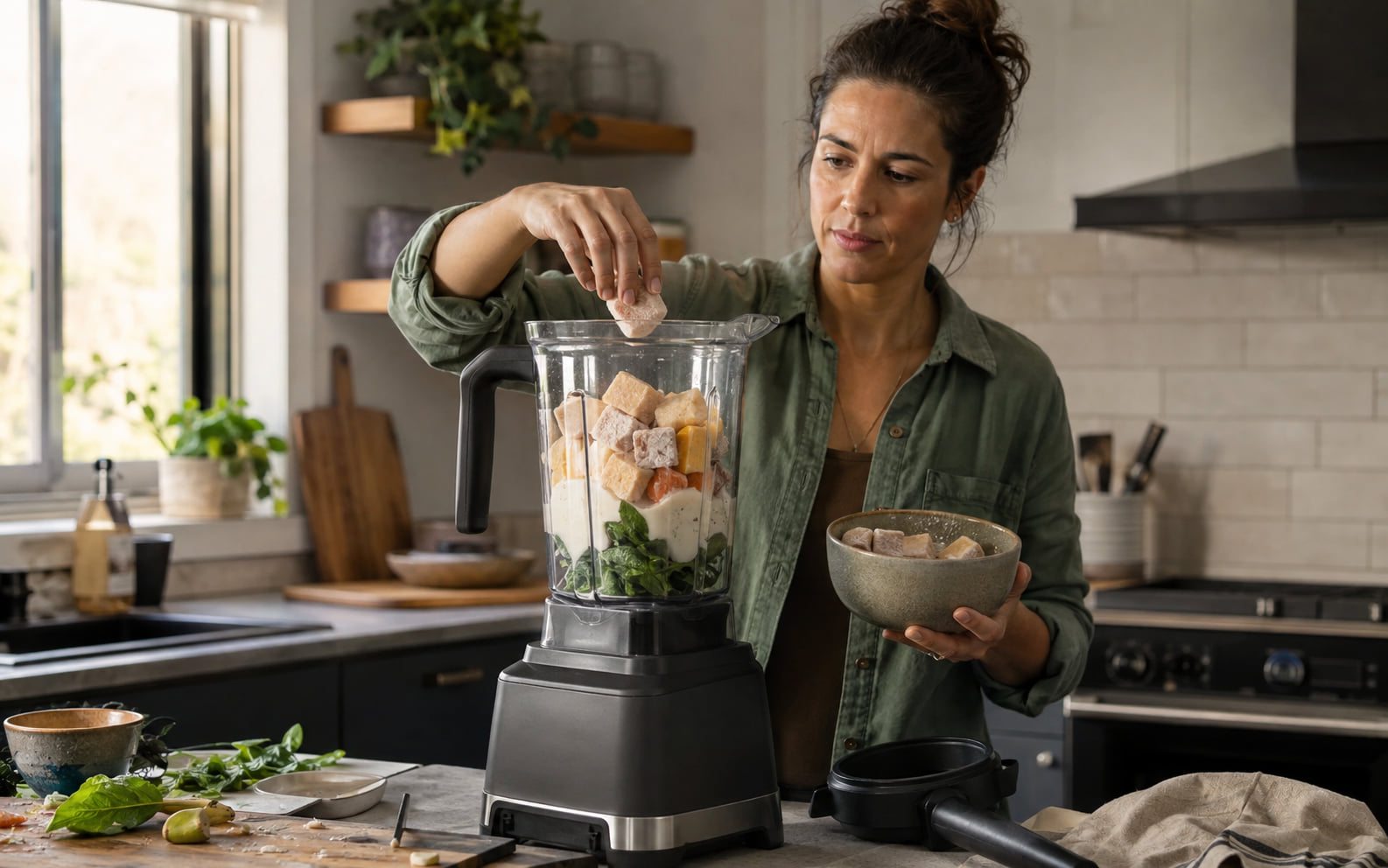 Editorial scene showing a generic full-size blender handling a dense mixture with preparation and safe active intervention visible.