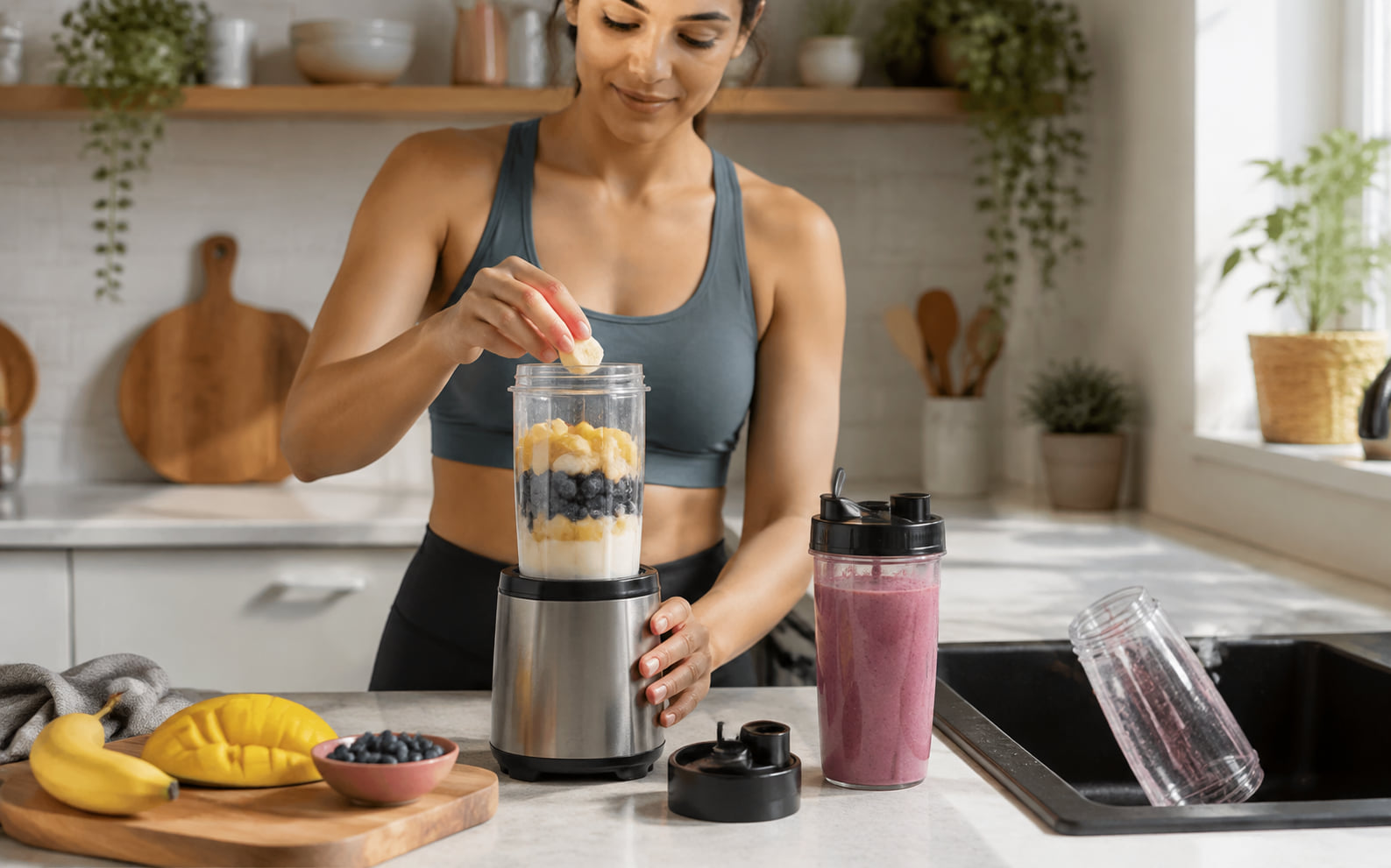 Editorial scene showing one serving moving through a generic cup-style blender, drinking vessel, and wash area.