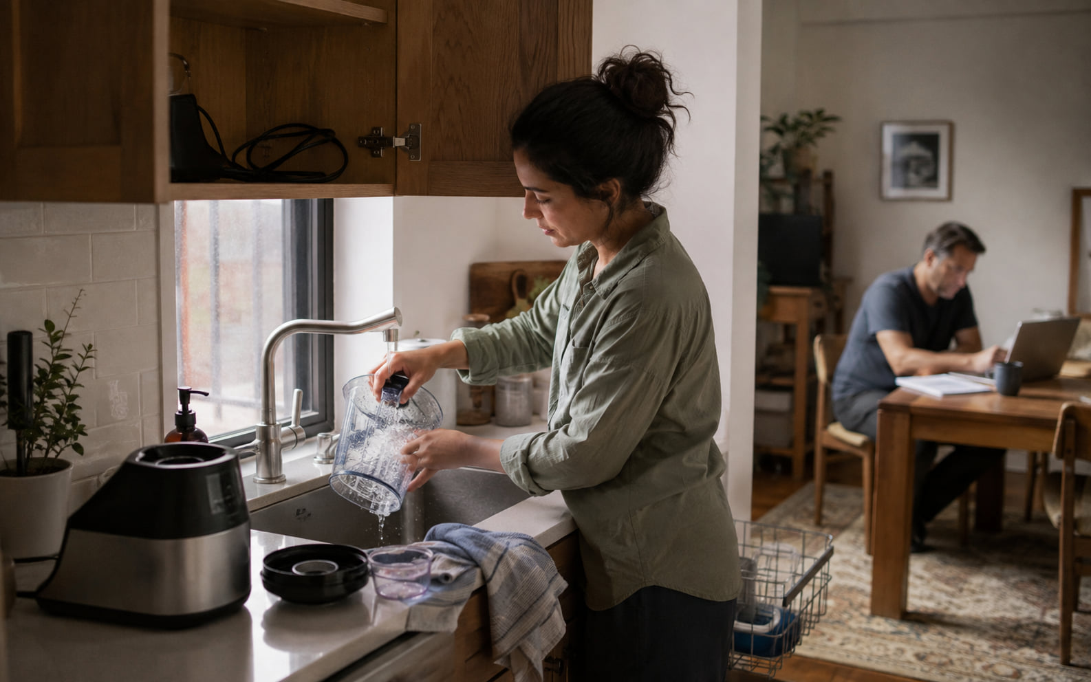 Editorial scene showing blender cleanup, drying, counter clearance, storage, and a noise-sensitive household after serving.