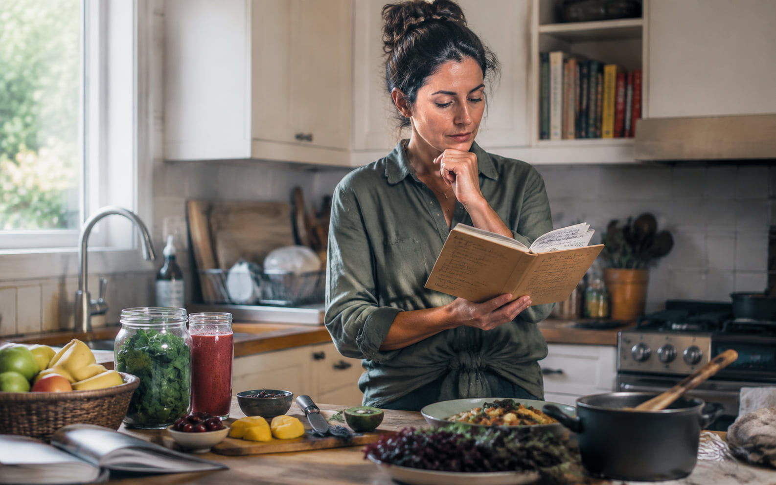 Editorial scene showing imagined blended recipes beside the ordinary foods and tools a household already uses.