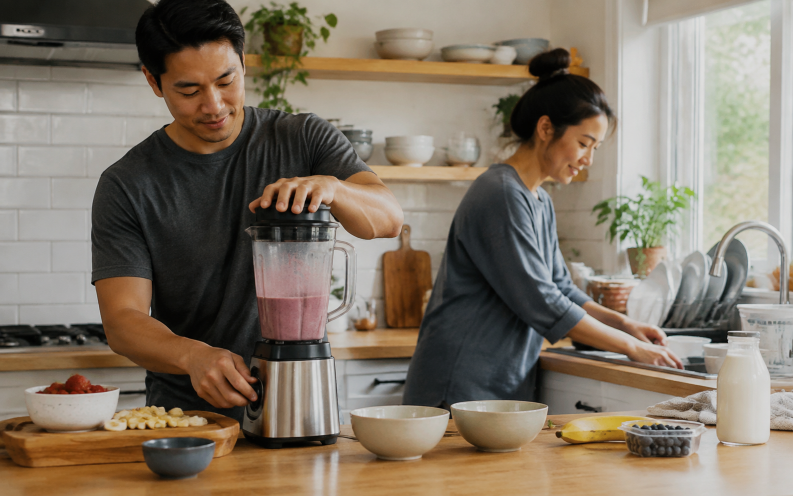 A generic blender becoming one repeatable part of breakfast or meal preparation.