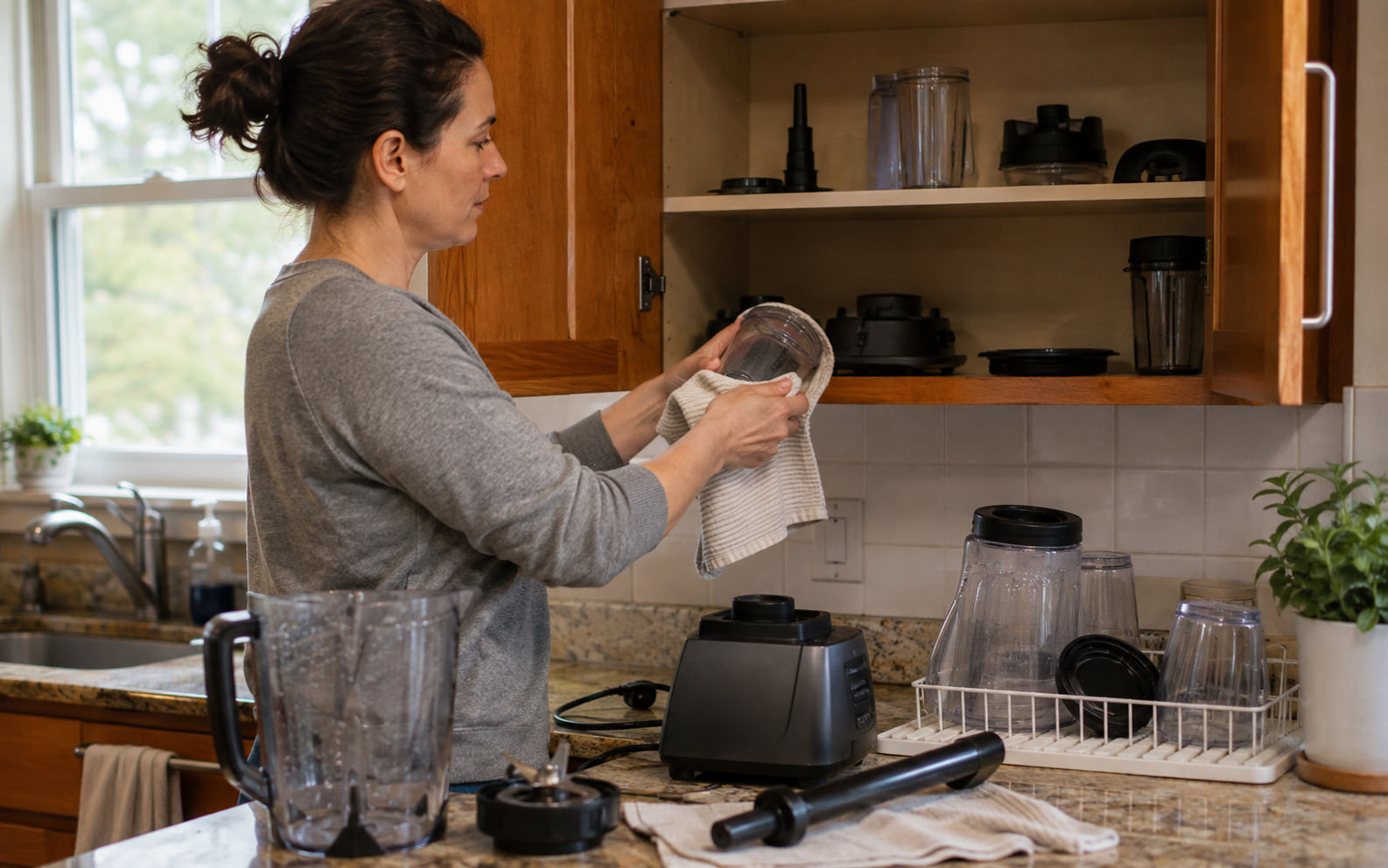 Editorial scene showing generic blender containers, lids, food-contact parts, cord, drying area, cabinet clearance, and storage.