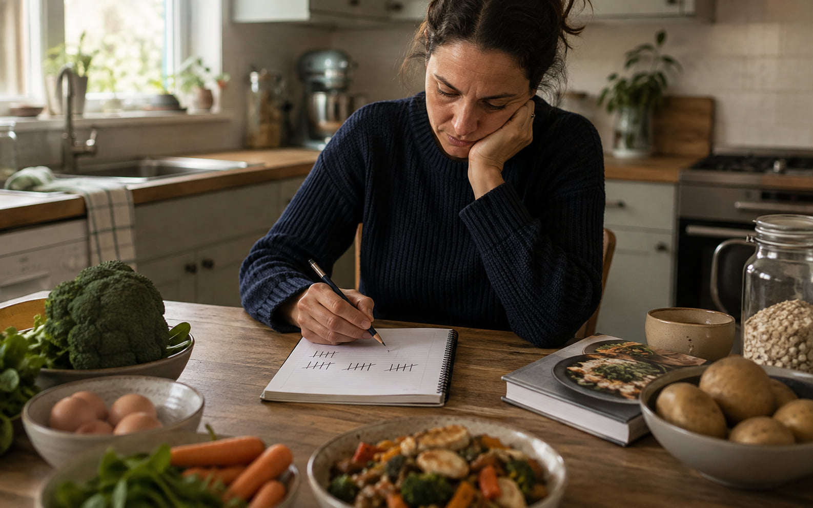 Editorial scene showing a believable weekly food routine and recurring ingredients rather than an aspirational recipe display.