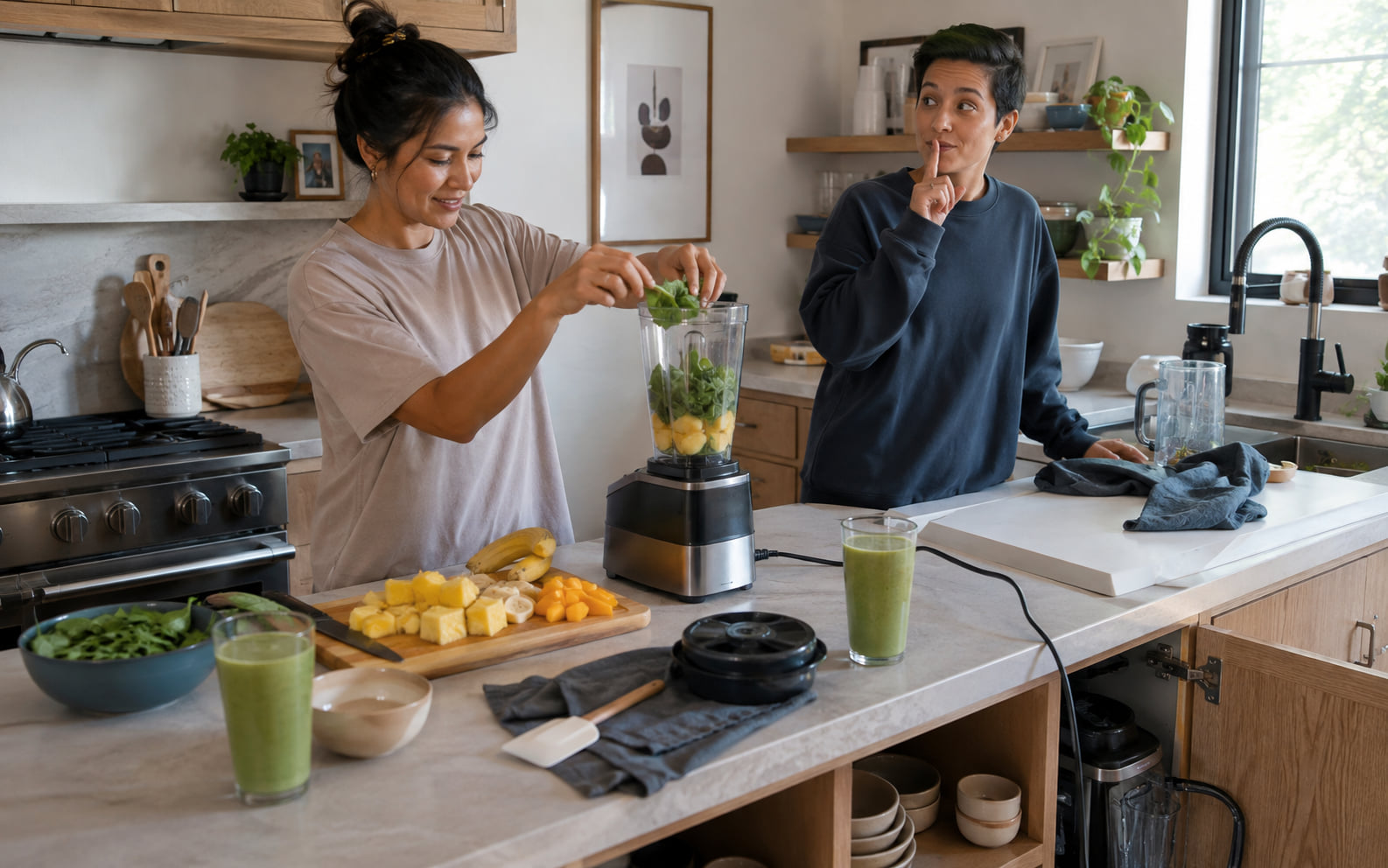 Editorial scene showing the complete generic countertop blender loop from ingredient preparation through washing and storage.