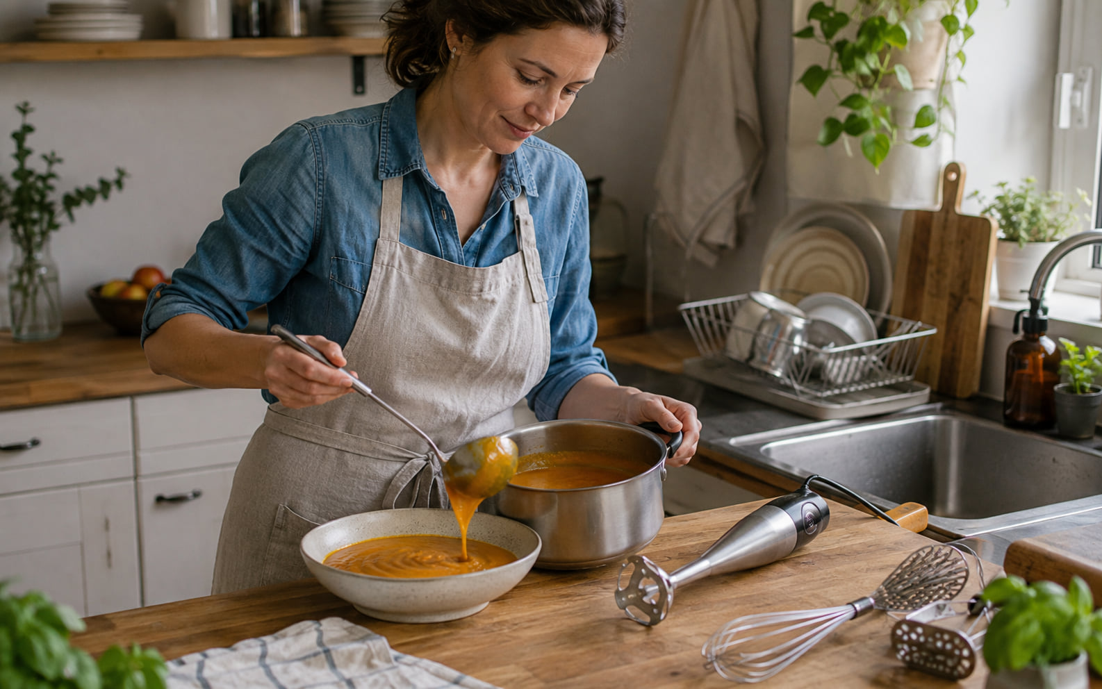 Editorial scene showing familiar current tools and their preparation, serving, and cleanup pattern without a new countertop blender.