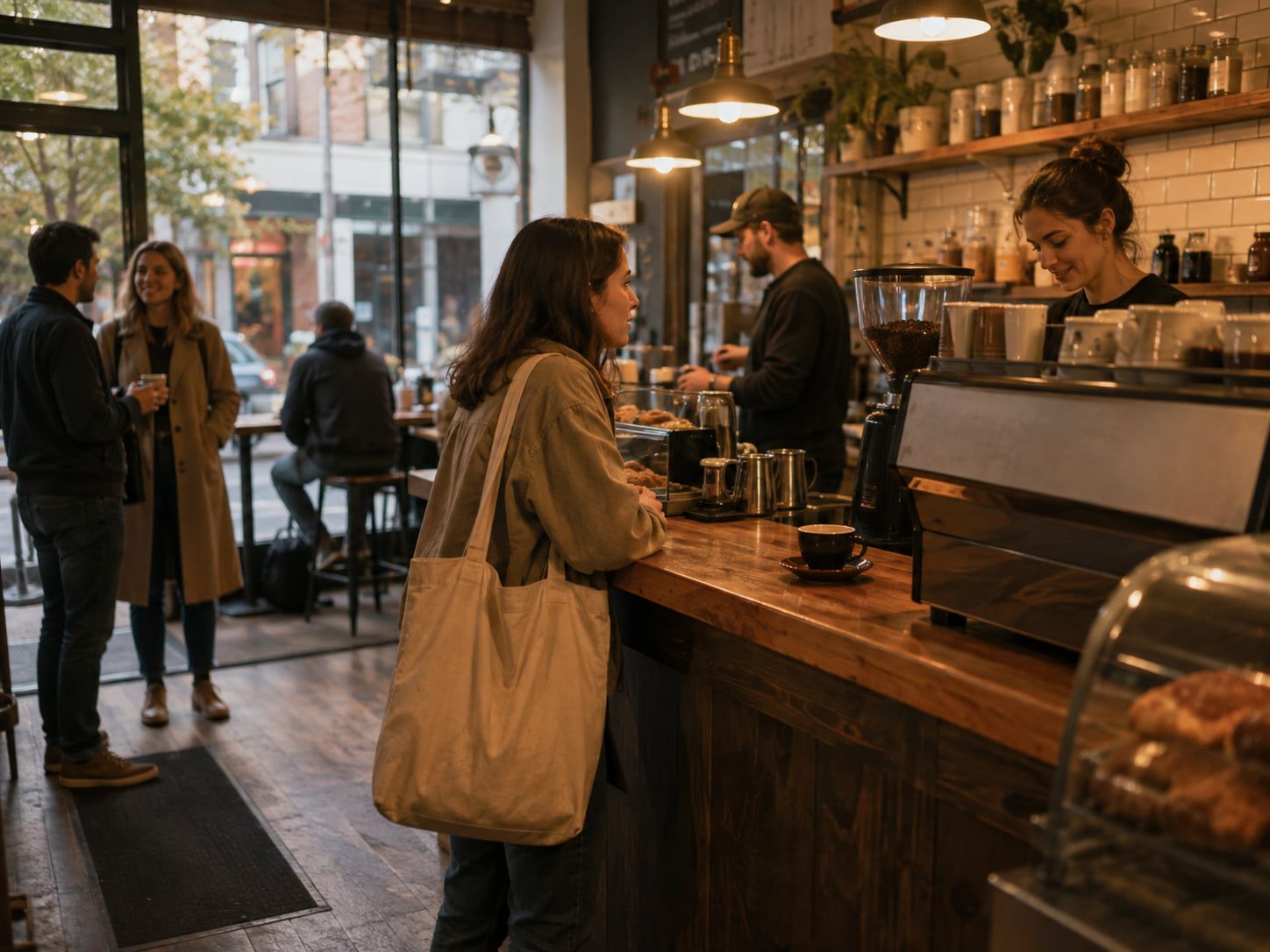 A customer waits at a neighborhood café counter for a finished espresso.