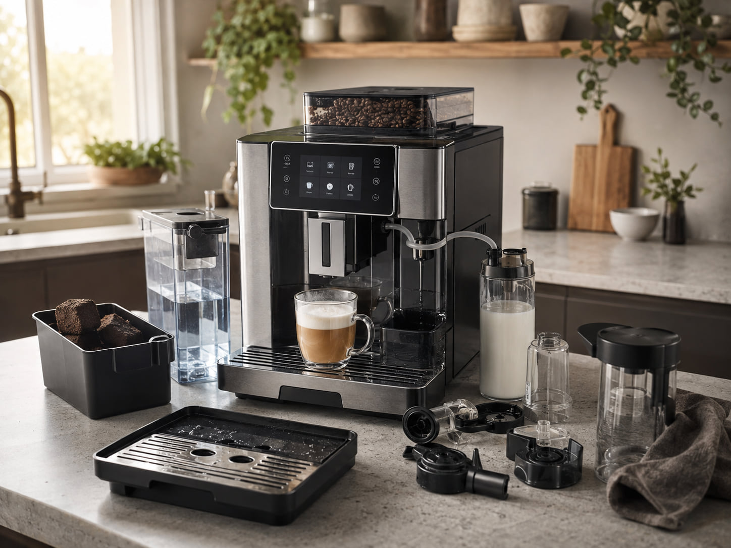 A bean-to-cup setup shows the machine with beans, water, grounds bin, rinse tray, and milk parts.