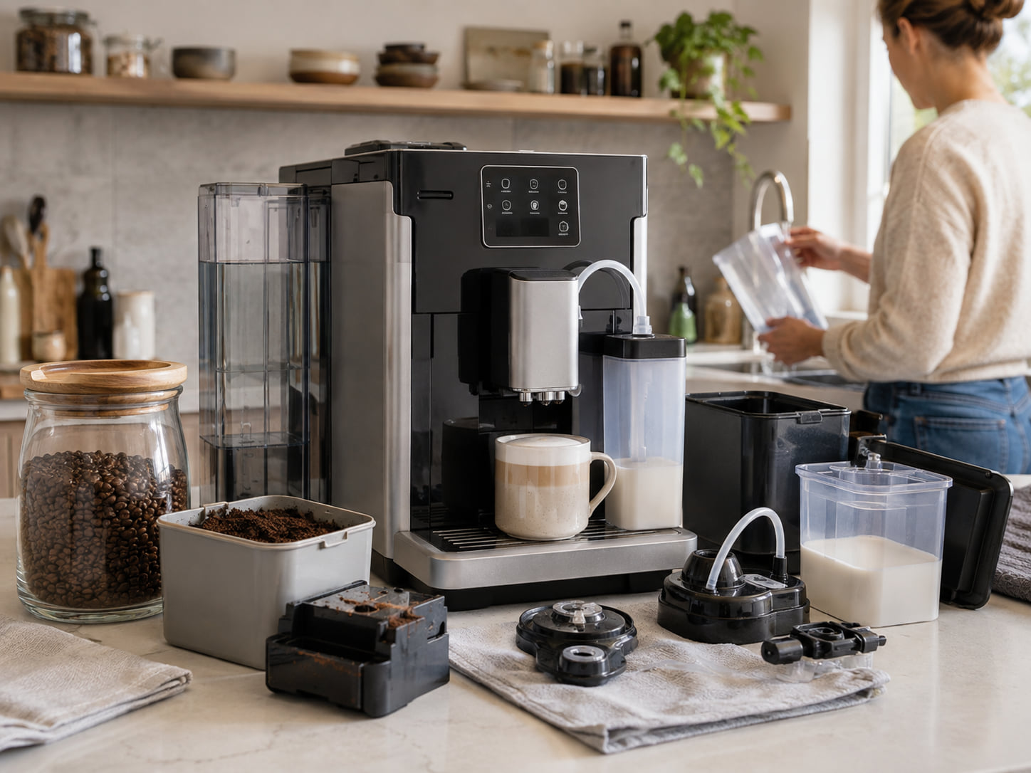 A bean-to-cup machine prepares a drink while water, waste, and milk-care parts remain visible.