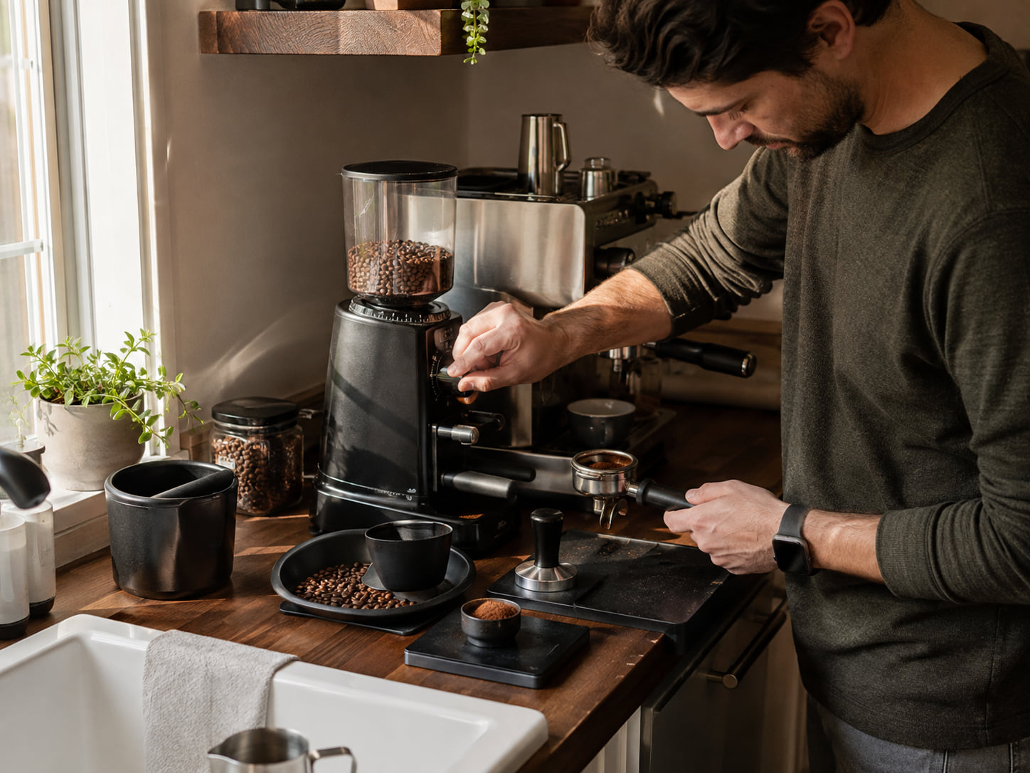 A person grinds beans and prepares a portafilter at a traditional home espresso station.