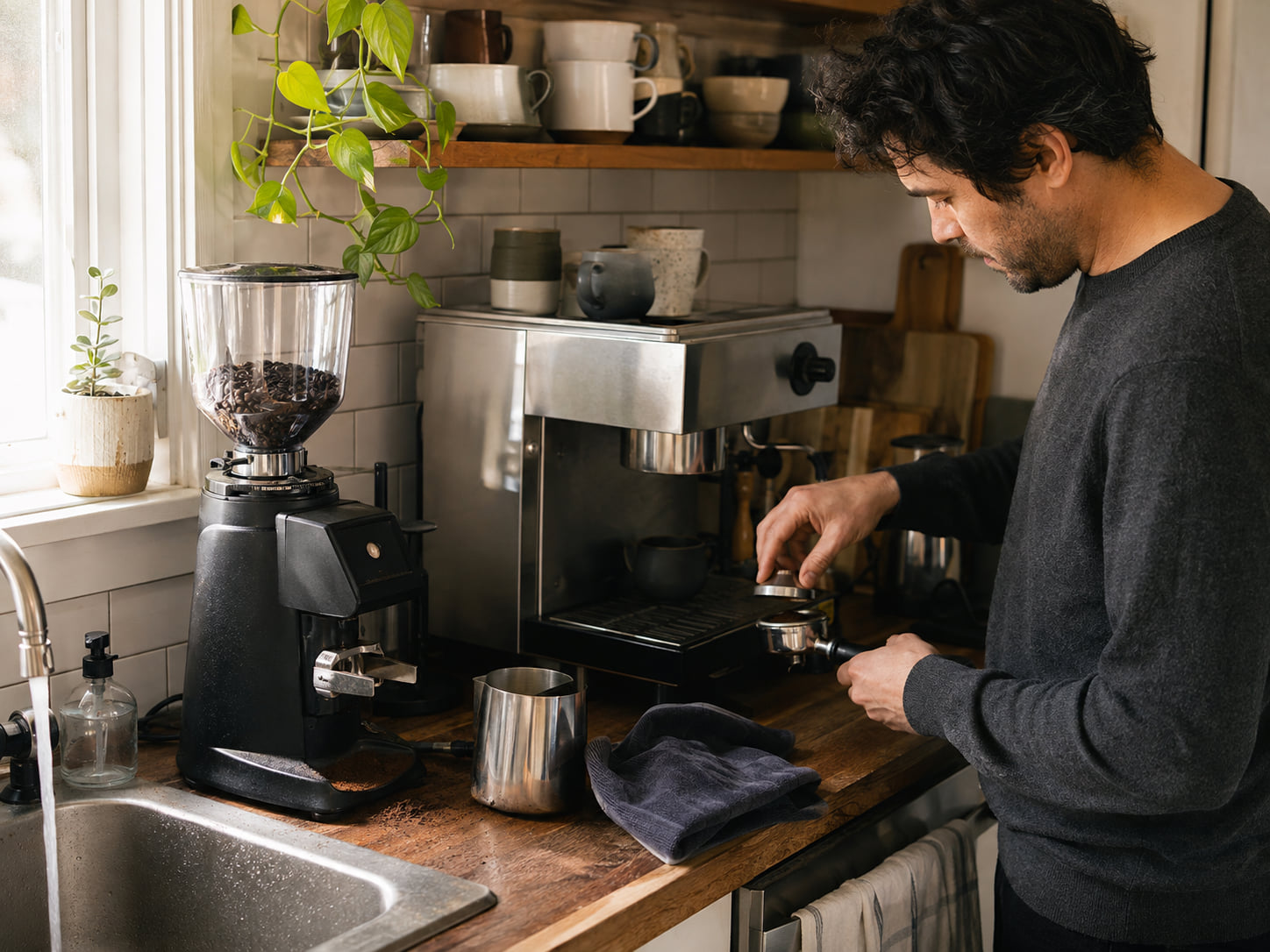 Hands prepare a portafilter beside a grinder, steam pitcher, towel, and espresso machine.