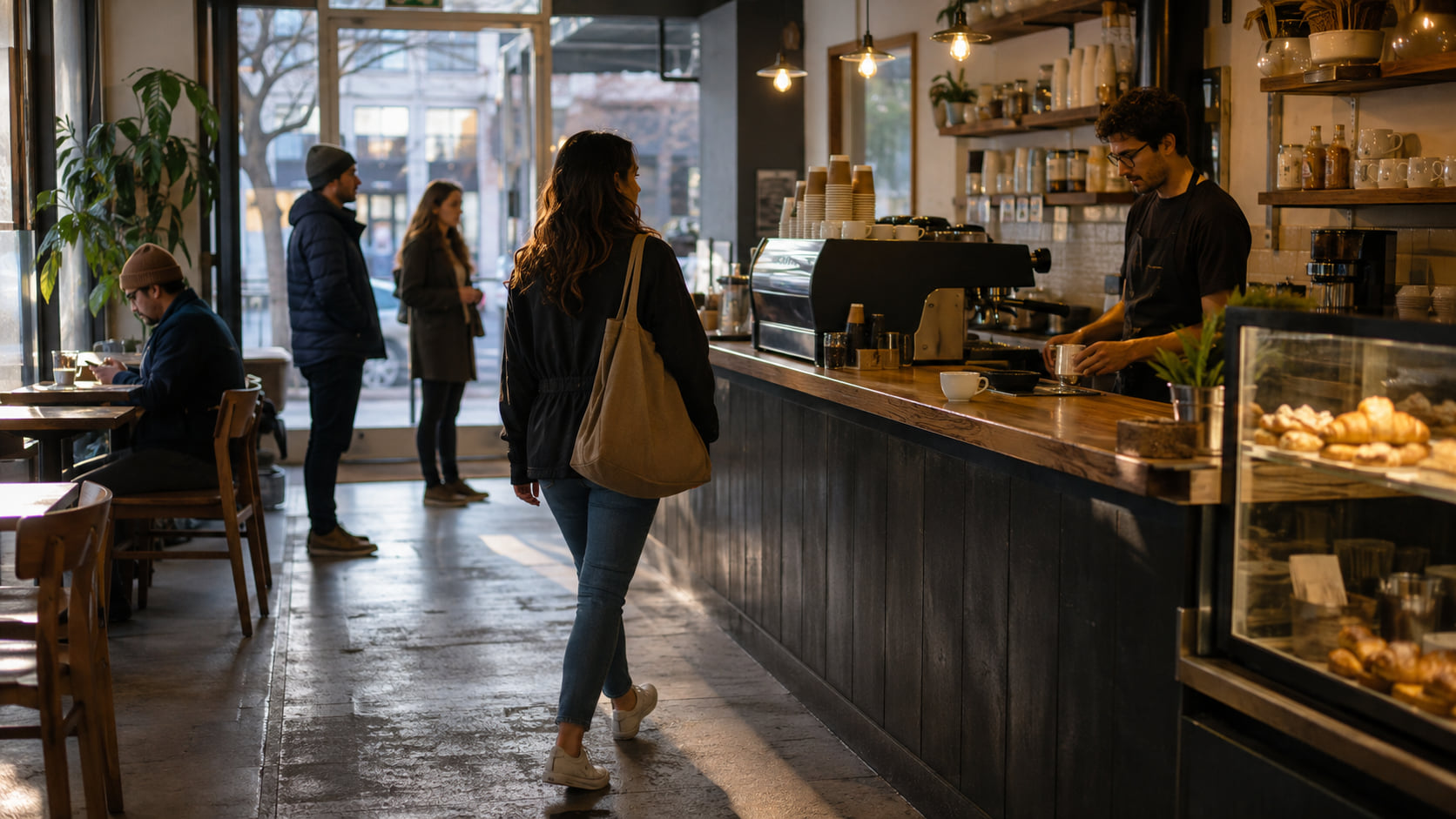 A customer approaches a neighborhood café counter as a barista prepares the morning service.