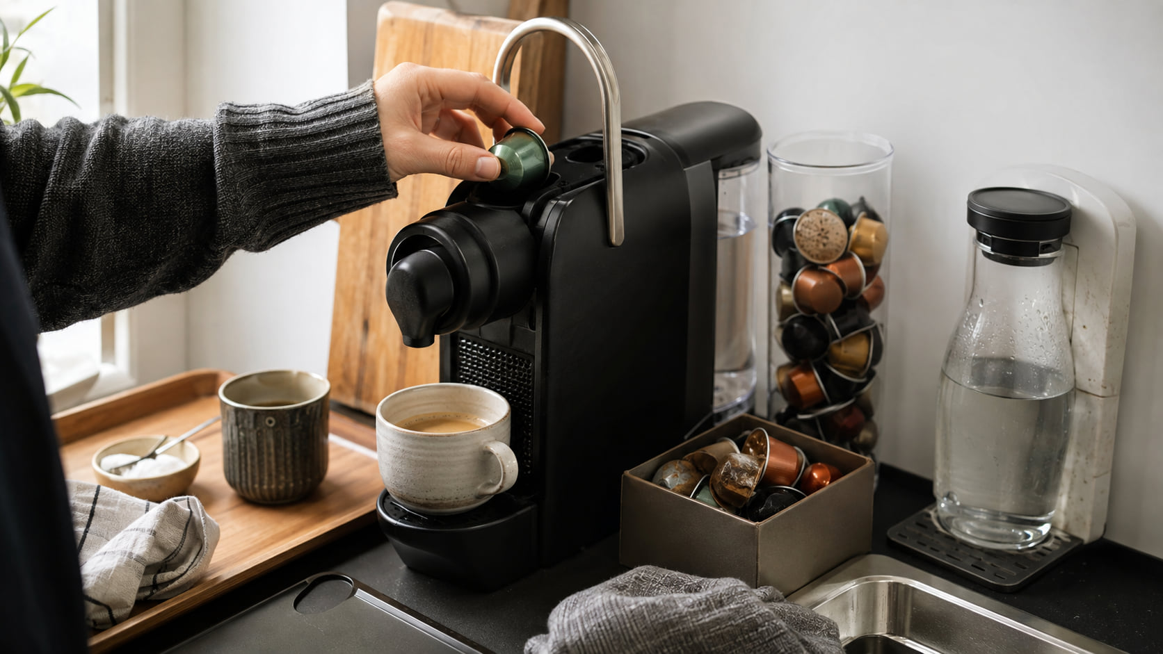 A compact capsule espresso routine includes the machine, cup, capsule storage, and a used-capsule container.