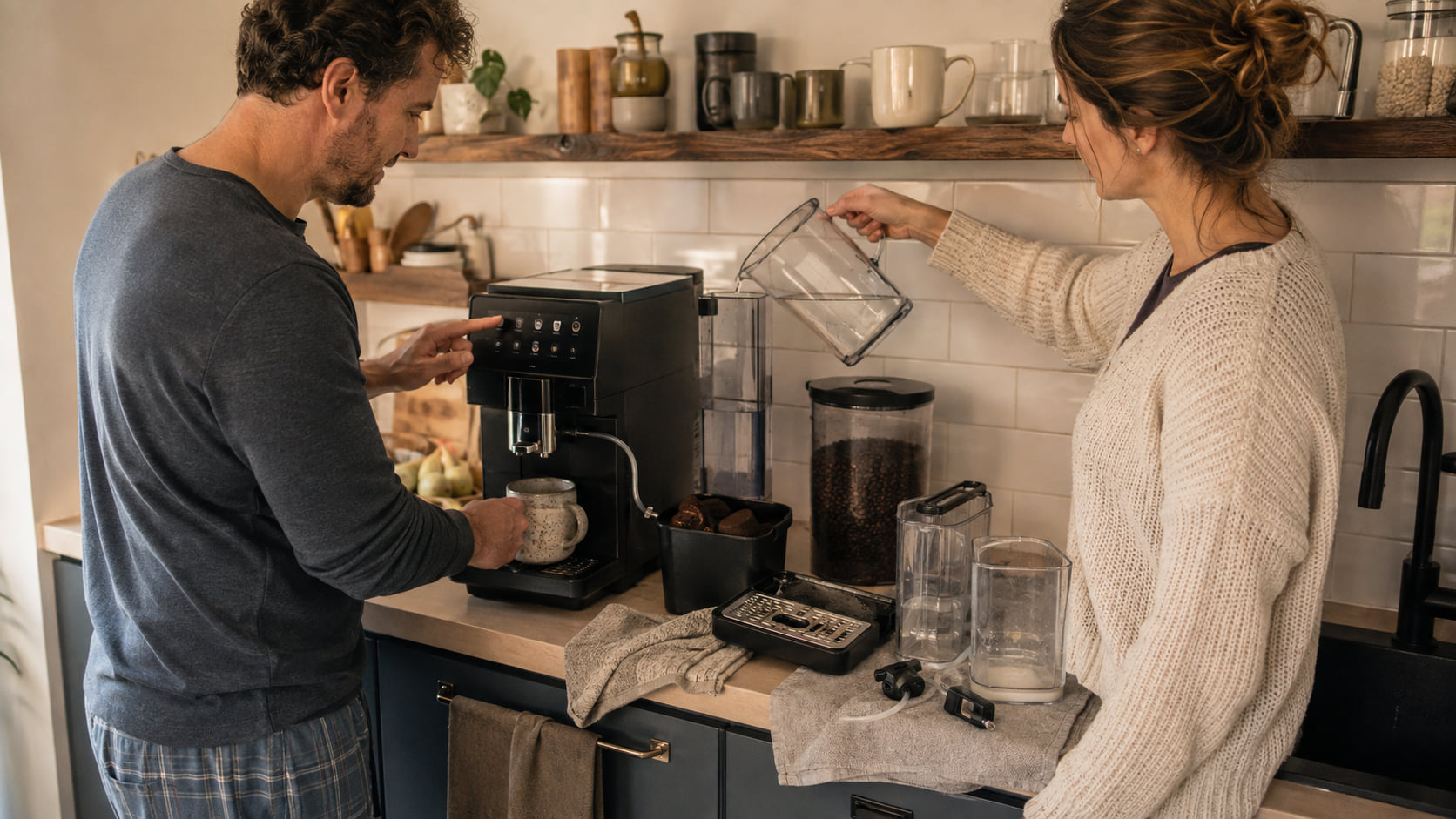 Two household members use a bean-to-cup station with water, beans, milk parts, and rinse tray nearby.