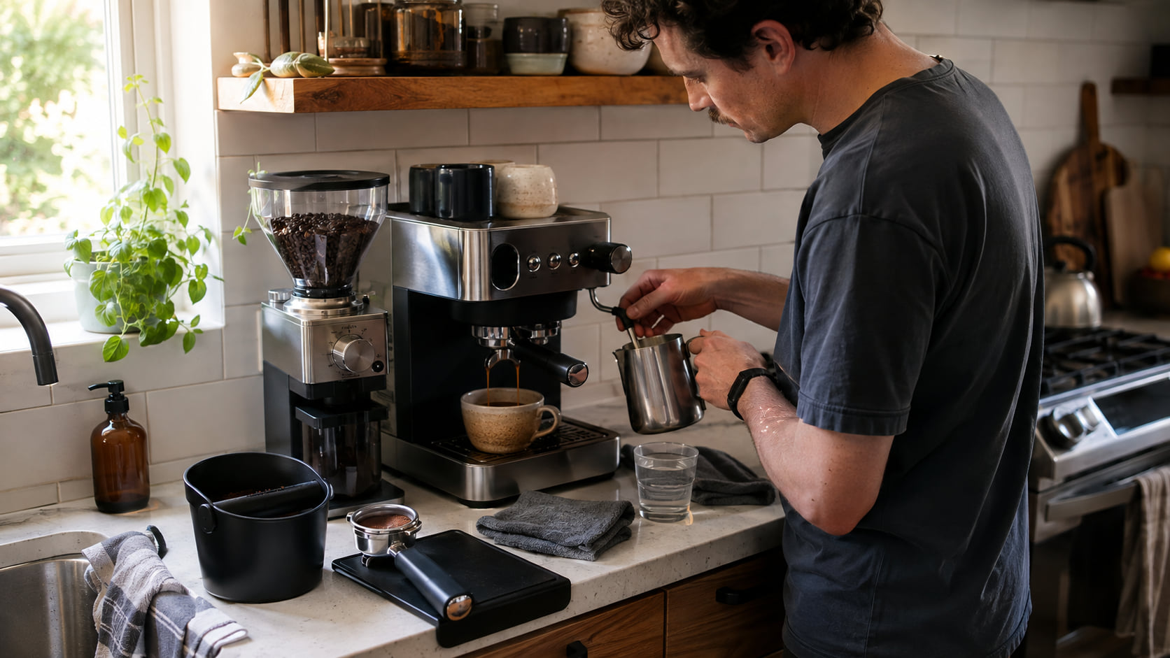 A person works through grinding, portafilter preparation, milk steaming, and cleanup at home.