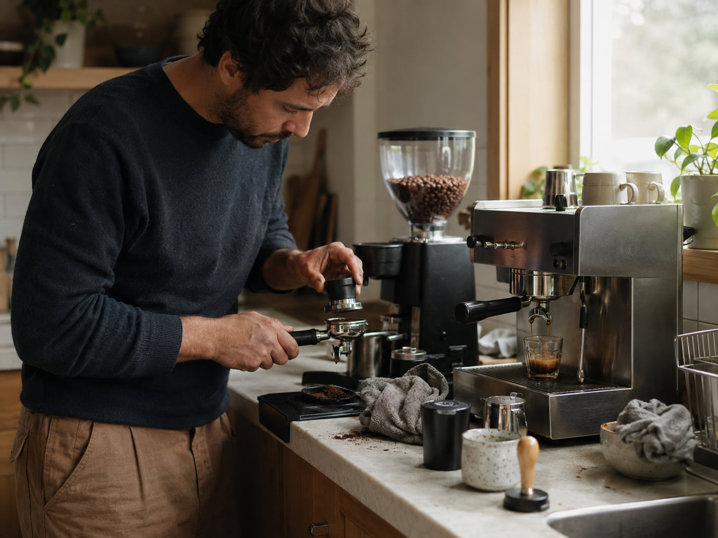 Used espresso tools, grounds, cups, and towels crowd a home counter after a drink.