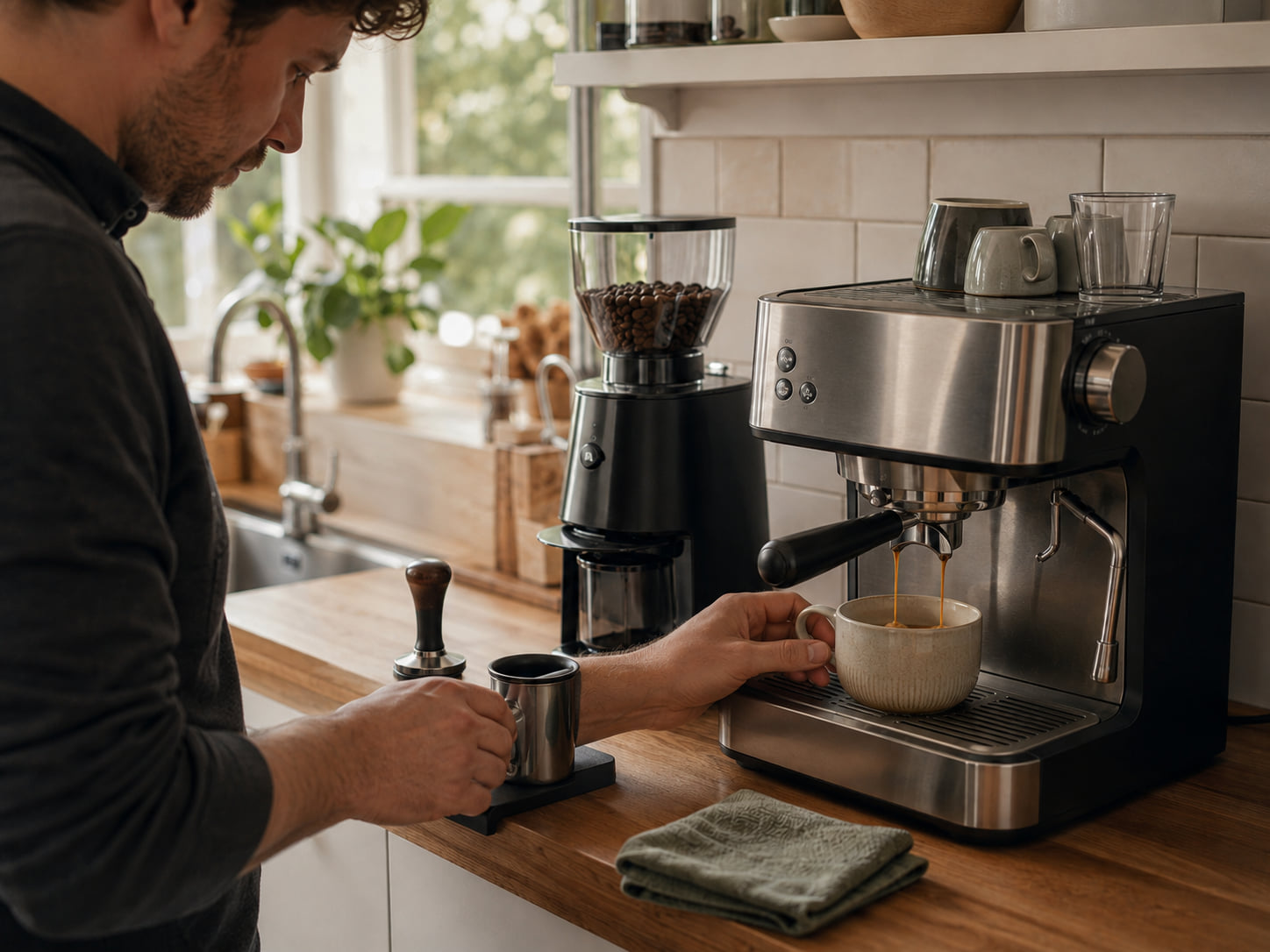 A compact espresso setup sits ready beside a cup in an otherwise ordinary kitchen.