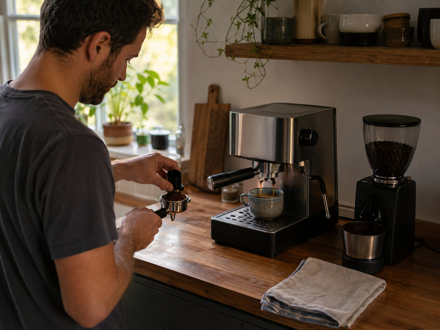 A person prepares espresso slowly at a home station during a quiet morning ritual.