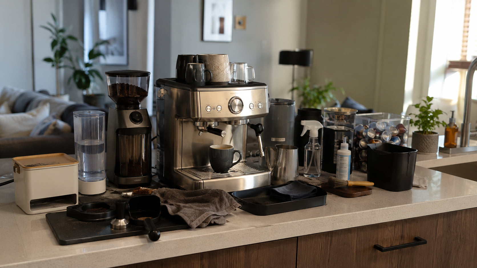 A complete espresso station fills a counter with machine, inputs, milk tools, towels, waste, and care supplies.