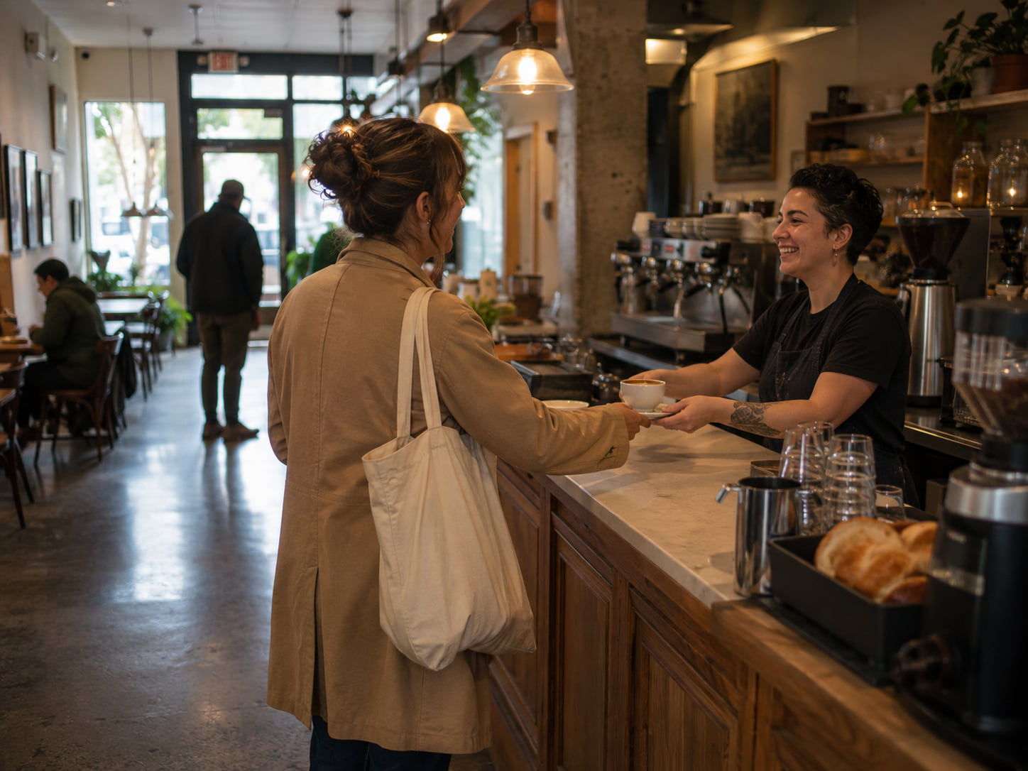 A customer receives a small espresso at a neighborhood café counter during a morning stop.