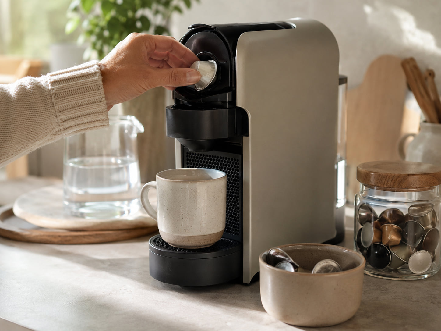 A person inserts a coffee capsule at a compact counter setup with used capsules nearby.