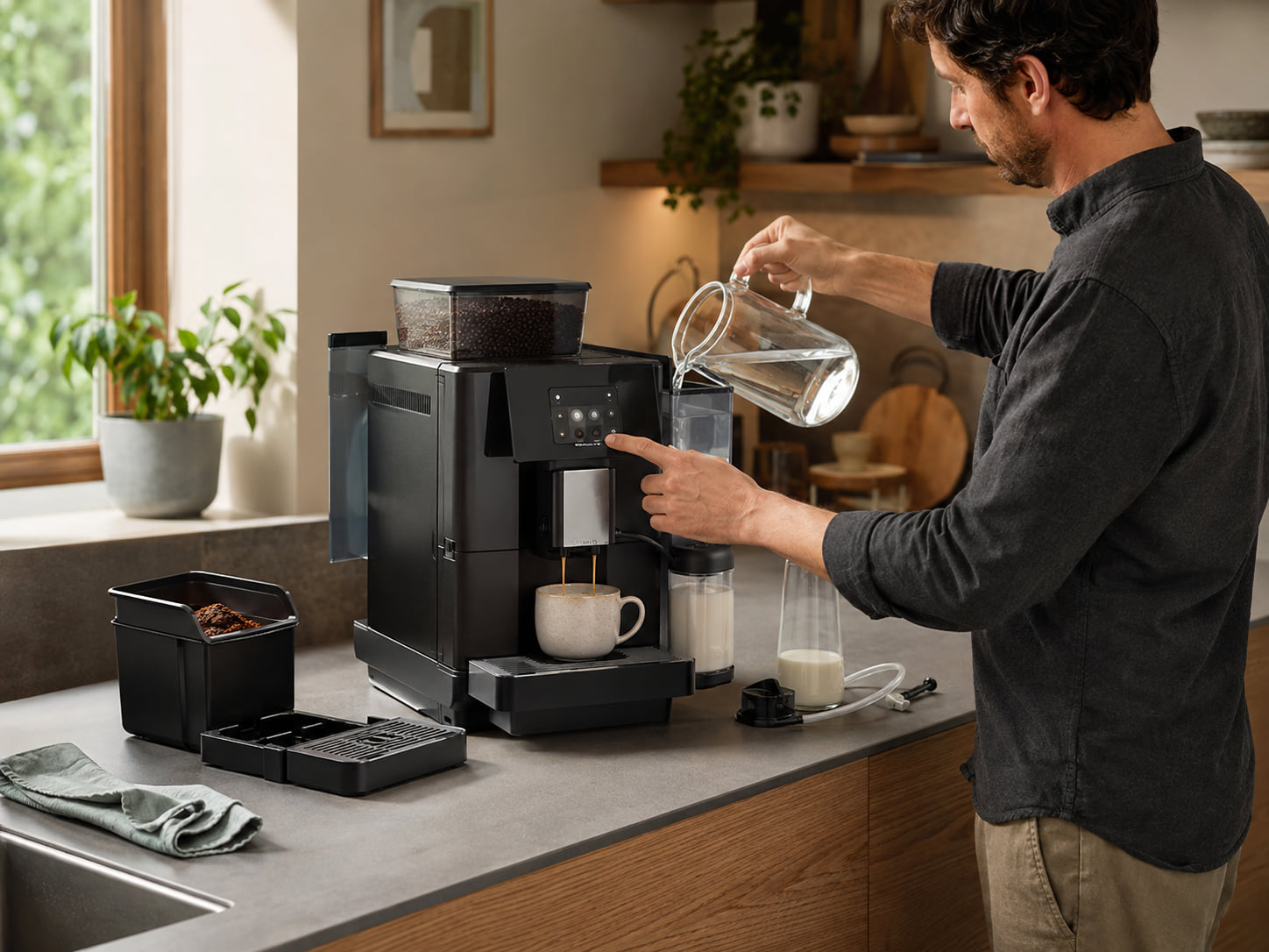 A person uses an unbranded bean-to-cup machine beside water, beans, milk parts, and a rinse tray.