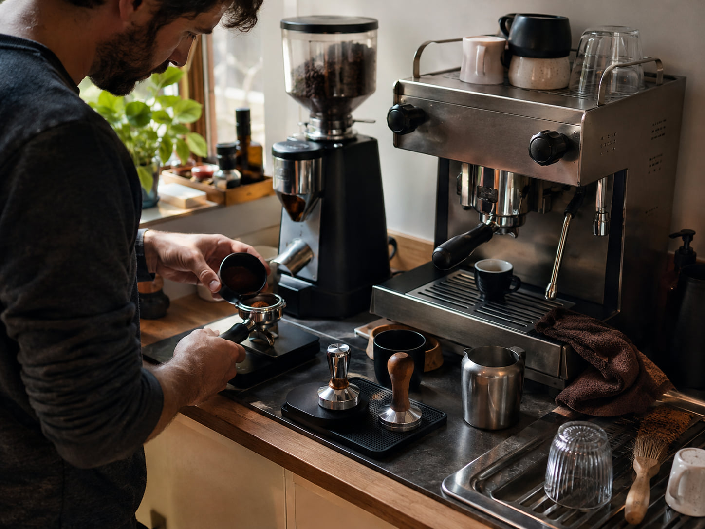 A person prepares a portafilter beside a grinder, espresso machine, milk pitcher, and cleanup towel.