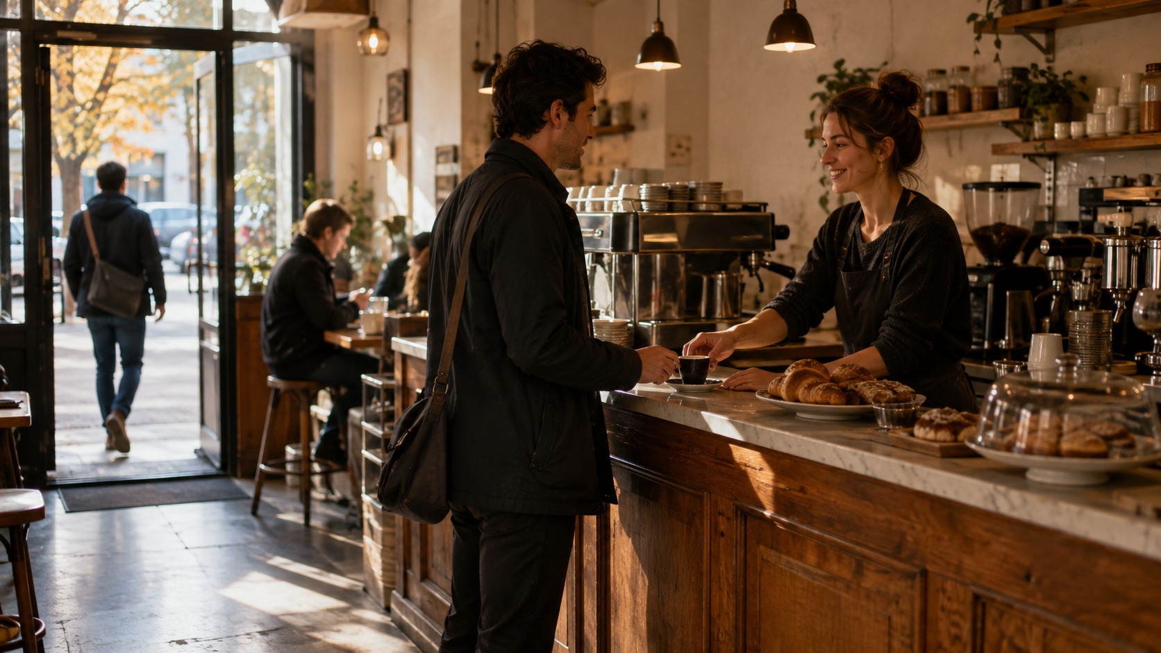 A regular customer waits for a small espresso at a neighborhood café in the morning.