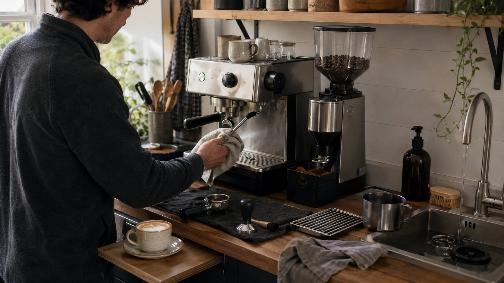 A person wipes and rinses espresso tools after the finished cup has been set aside.