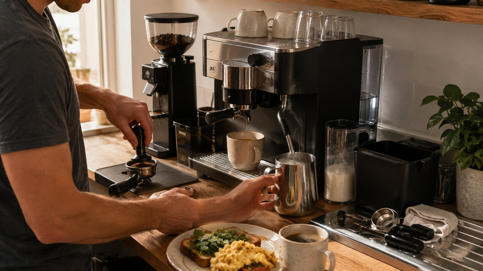 A person prepares a portafilter and milk pitcher while breakfast waits nearby.