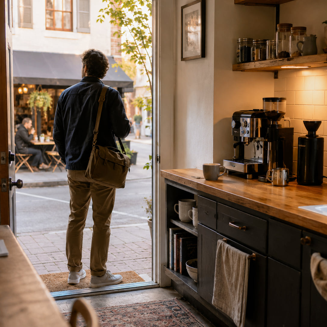 A kitchen doorway frames the choice between leaving for coffee and using a home station.