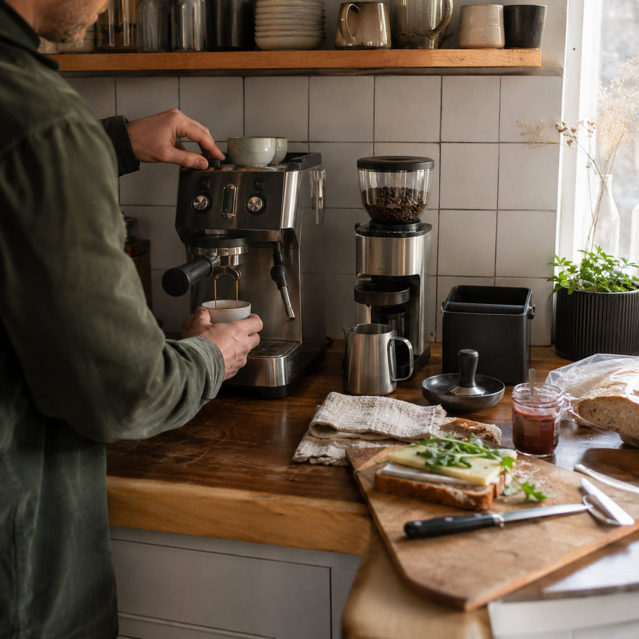A person watches an espresso pour while an unfinished breakfast task waits nearby.