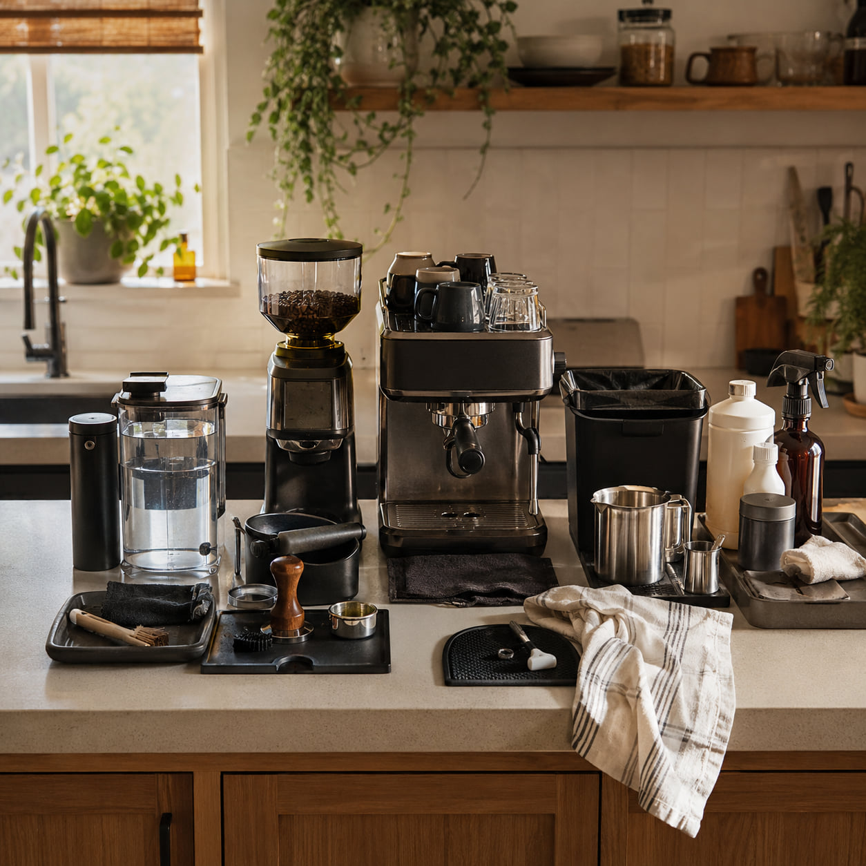 An espresso station fills a counter with inputs, tools, towels, waste, and care supplies.