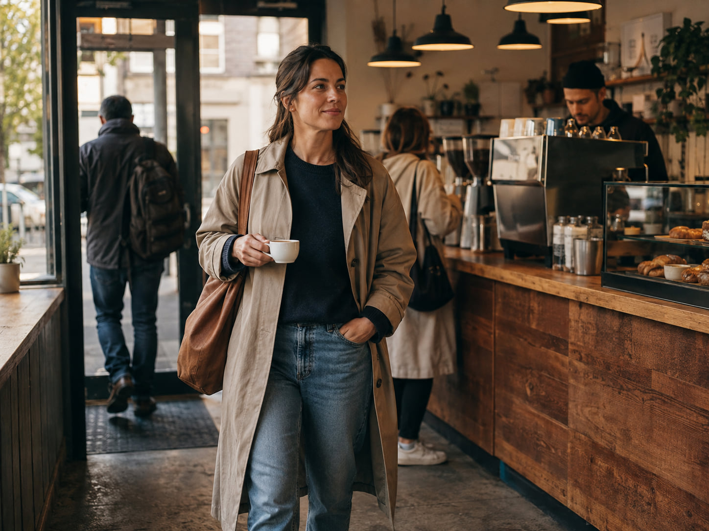 A customer walks away from a café with a small drink after waiting at the counter.