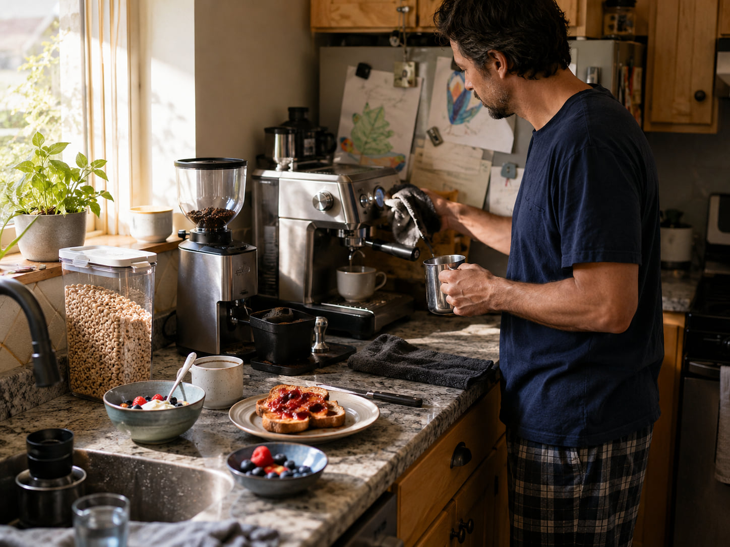 A person prepares espresso while breakfast and cleanup tasks share the same morning counter.