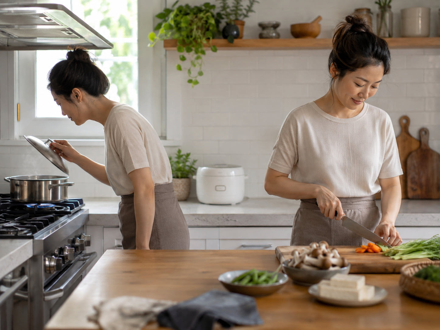 One cook checks a saucepan while another prepares vegetables and a rice cooker sits in the background.