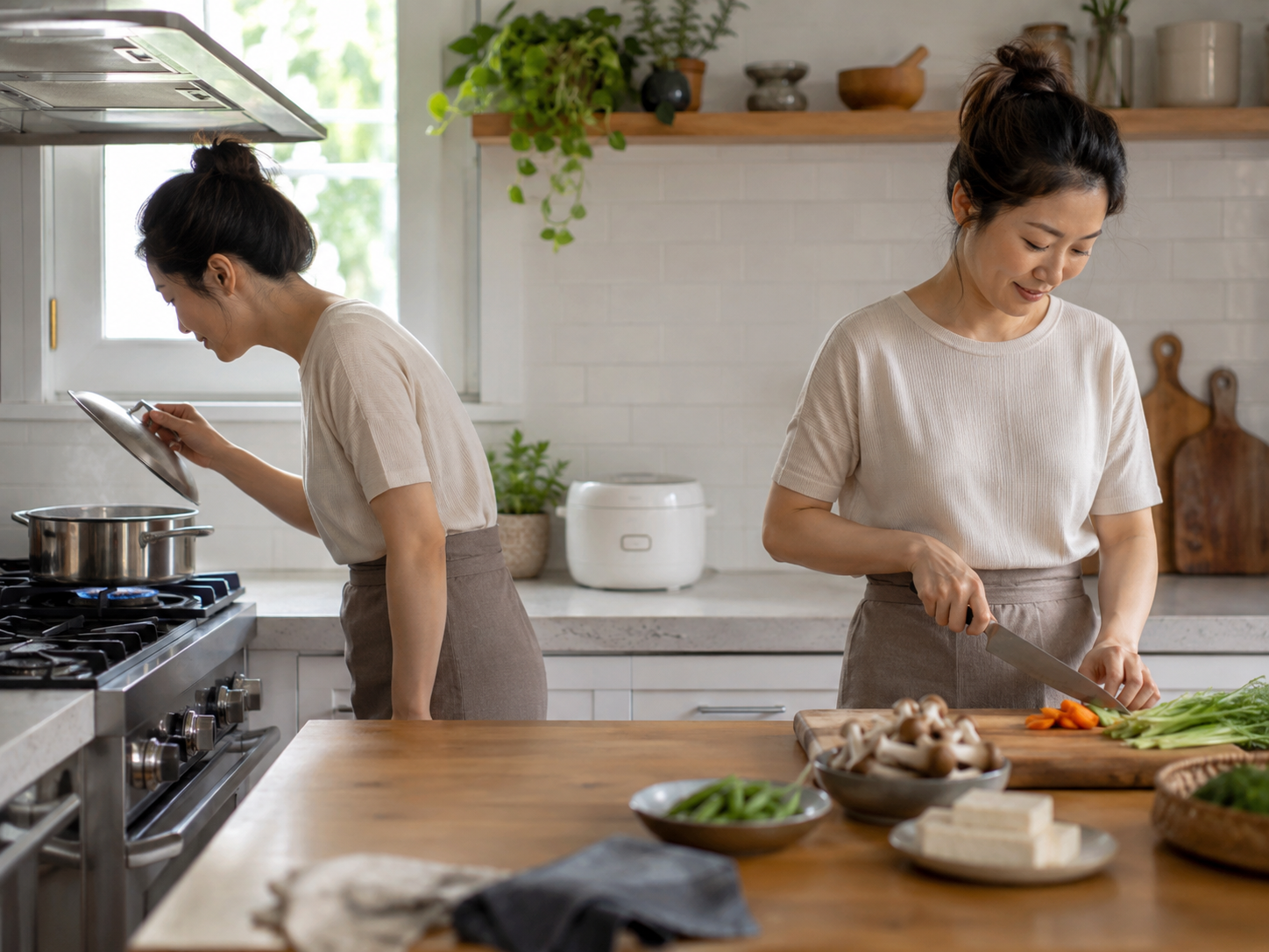 One cook checks a saucepan while another prepares vegetables and a rice cooker sits in the background.