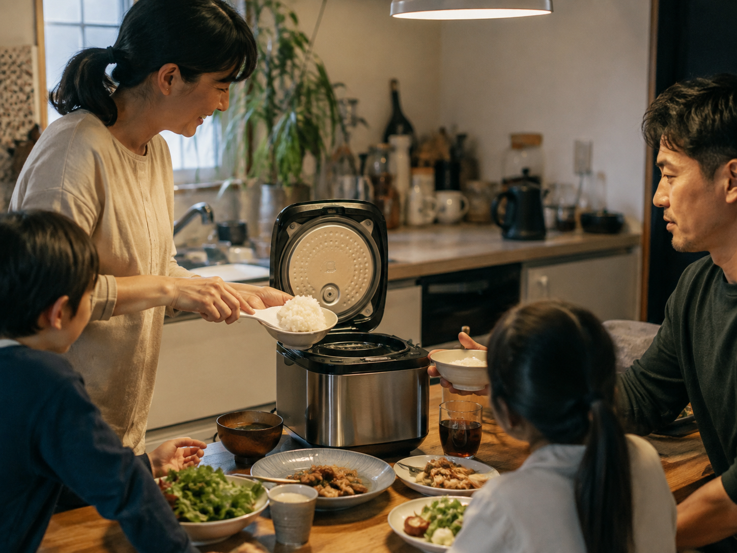 A person serves rice from an open cooker to family members gathered around the dinner table.