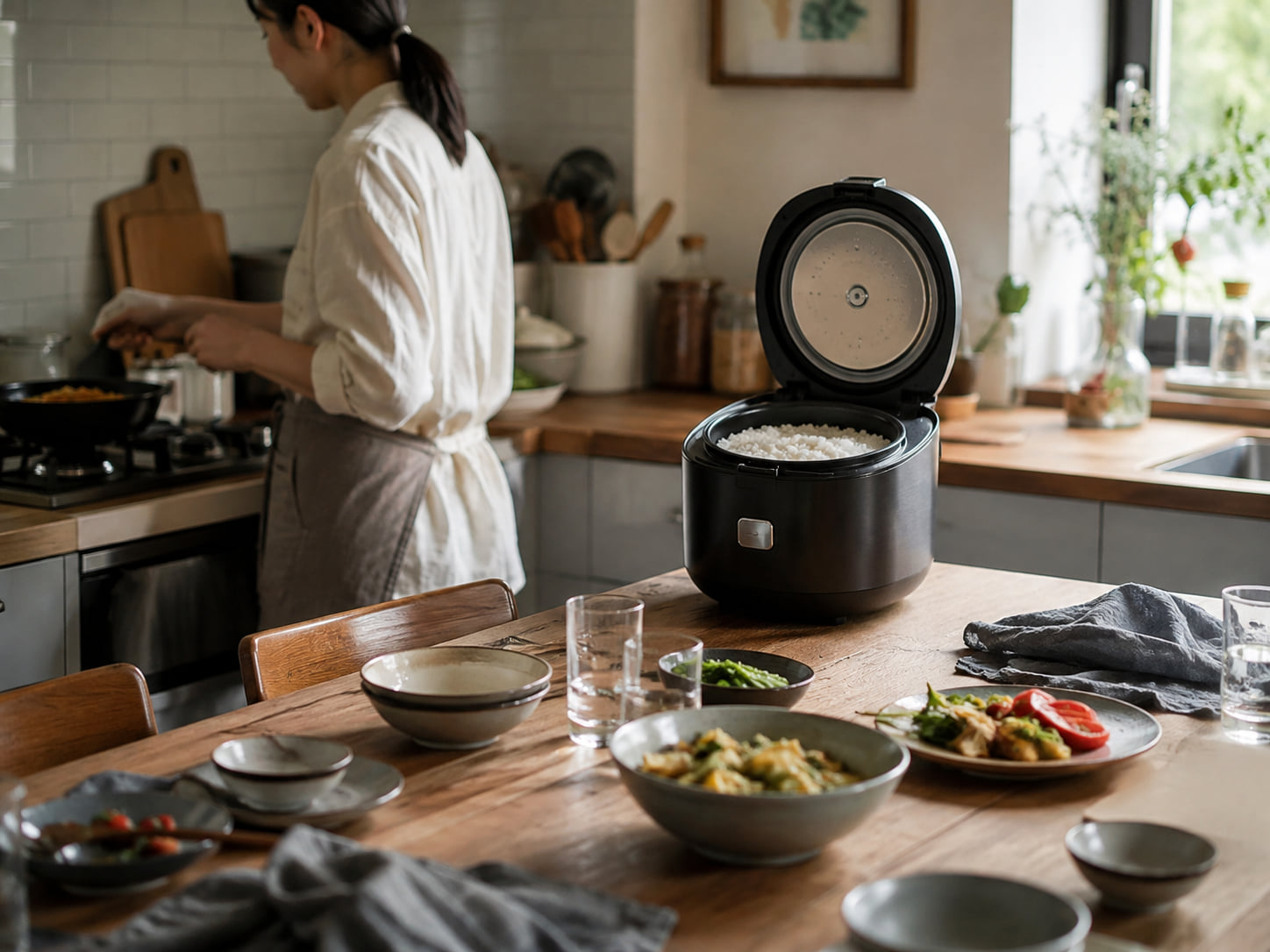 An open rice cooker holds finished rice while a person works at the stove in the background.