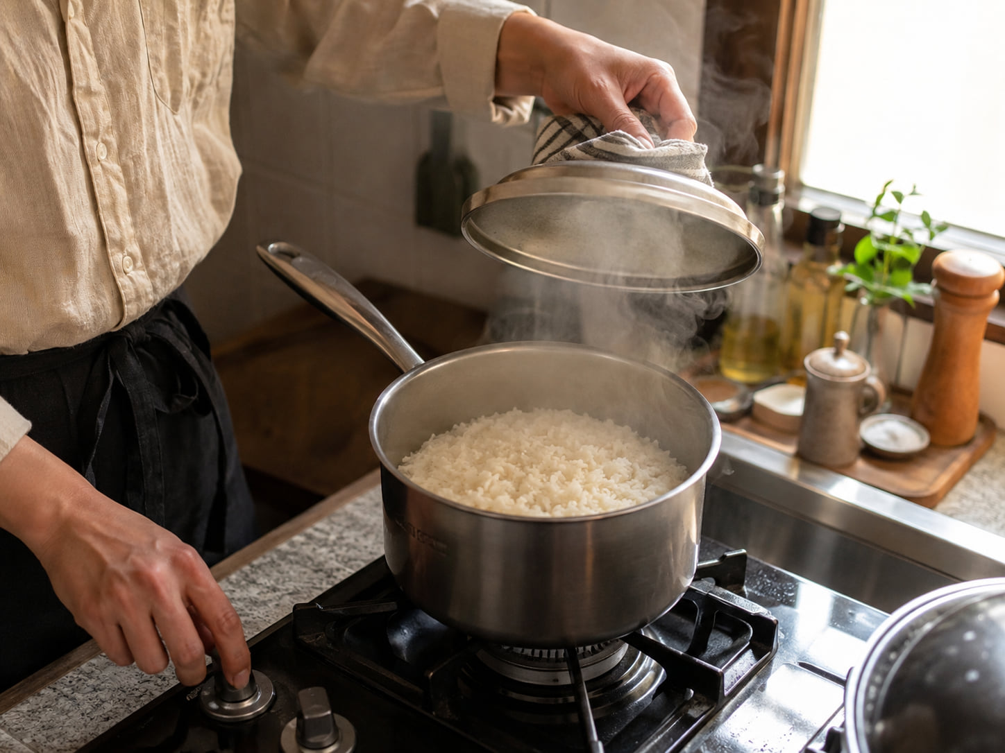 A person lifts the lid from a saucepan of steaming rice while adjusting the gas burner.