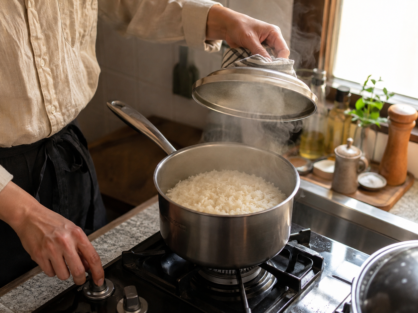 A person lifts the lid from a saucepan of steaming rice while adjusting the gas burner.