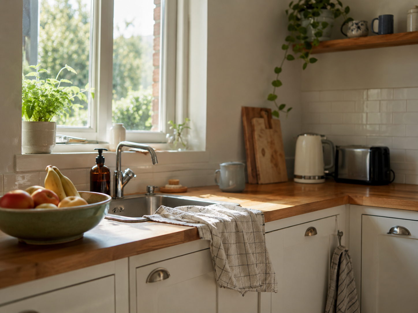 A sunlit kitchen counter holds a kettle and toaster but no dedicated rice appliance.