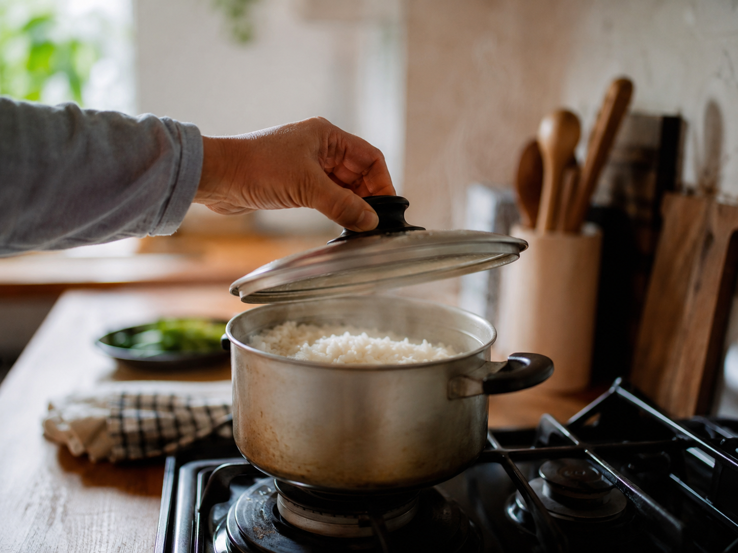 A home cook lifts a saucepan lid to check steaming rice on a gas stove.