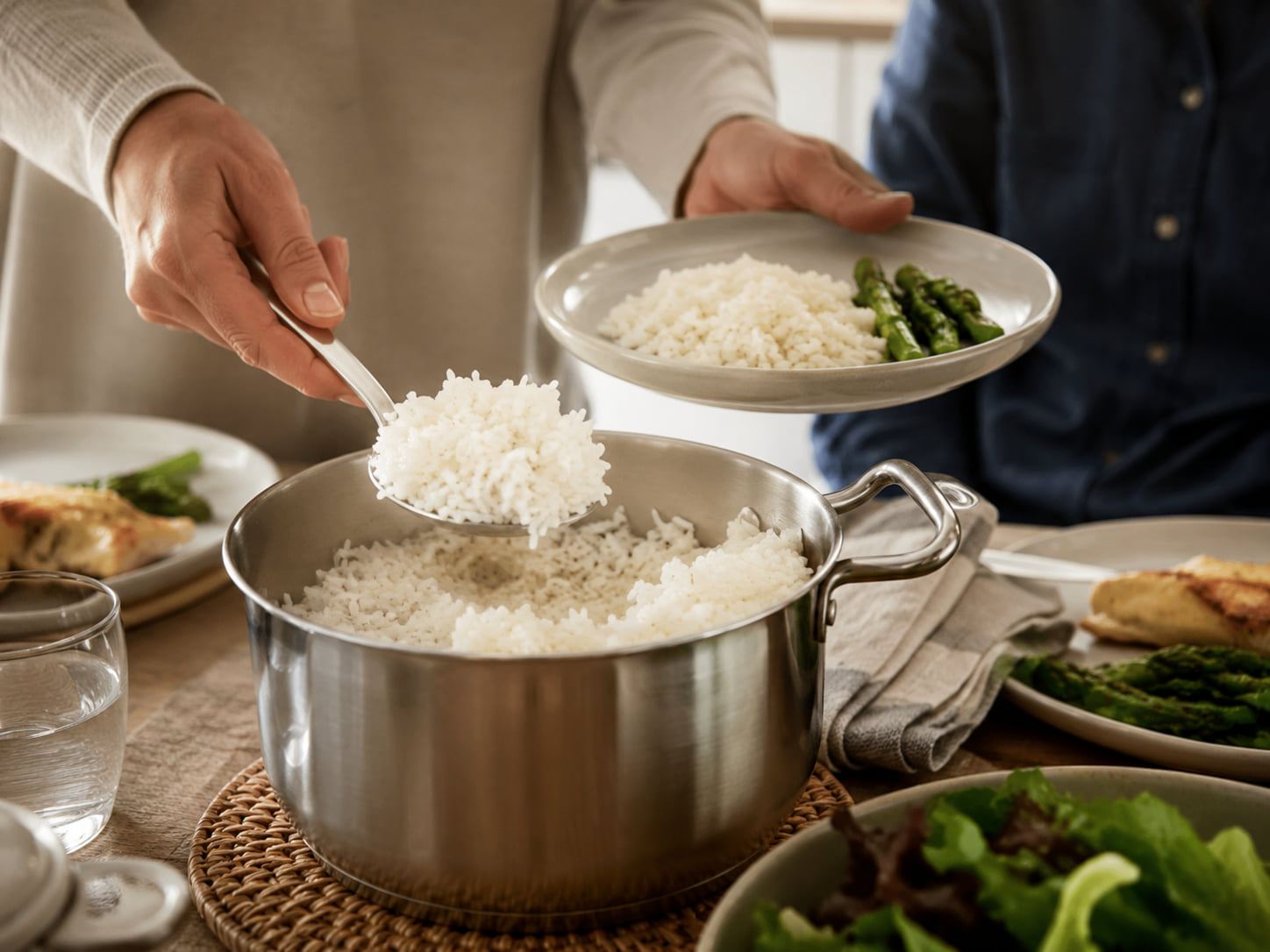 A person serves white rice from a stainless-steel pot onto a dinner plate.