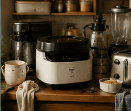 A rice cooker crowded among several appliances on a busy kitchen counter.