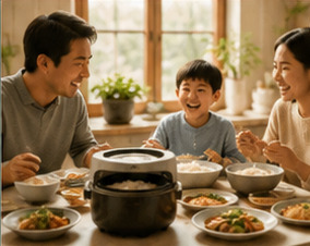 A rice cooker serving rice at a shared family meal in an actively used kitchen.