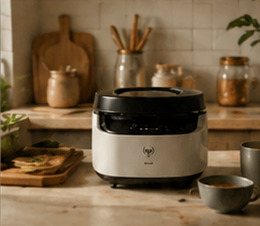 A rice cooker sitting ready for occasional use in an otherwise uncluttered kitchen.