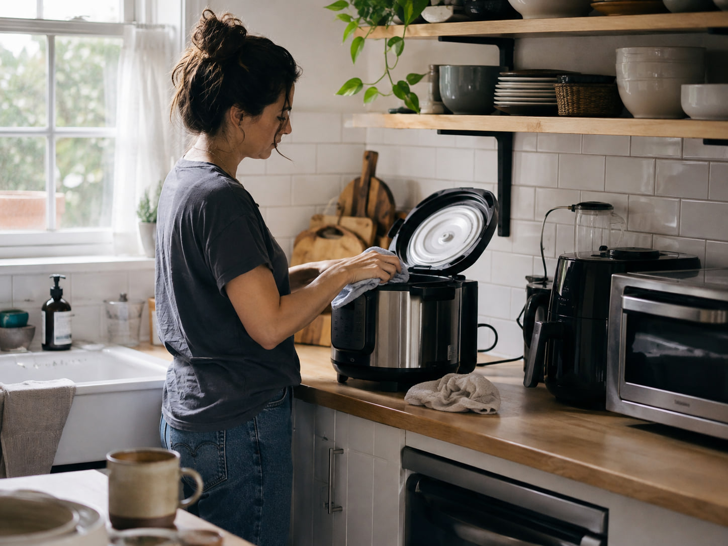 A person wipes an open multicooker on a kitchen counter beside other small appliances.