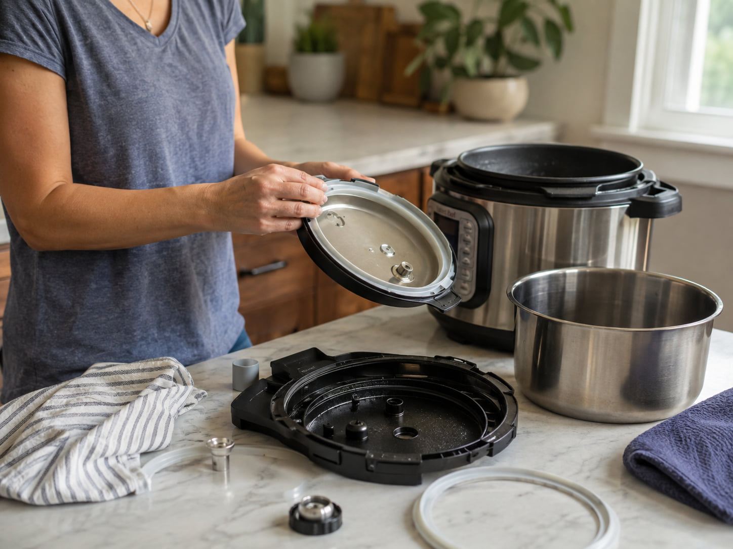 A person holds a removable multicooker lid above an inner pot and several loose components on the counter.